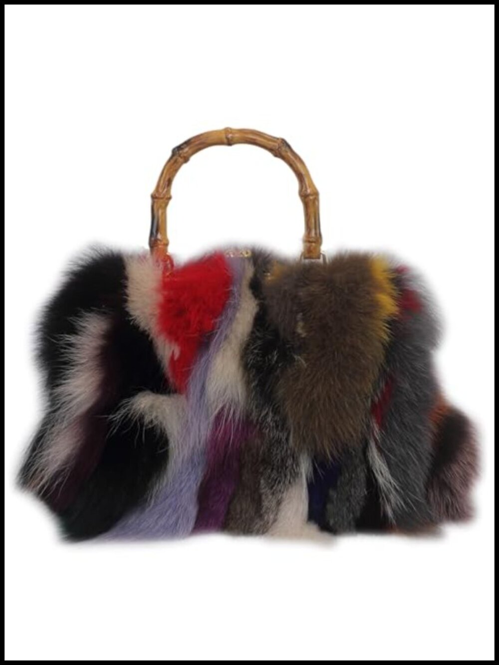 Vintage Kisslock Fox Fur Handbag with Bamboo Handle Patchwork